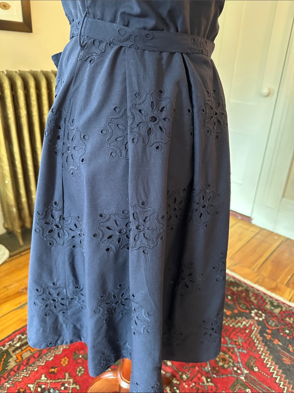 Boden Navy Sleeveless Eyelet Midi Shirtdress with Tie Waist - Picture 4 of 11